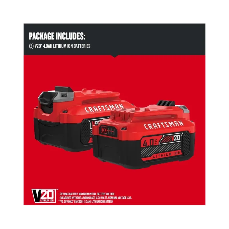 CRAFTSMAN V20 Lithium Ion Battery, 4.0-Amp Hour, 2 Pack (CMCB204-2) - Brand New - view 7