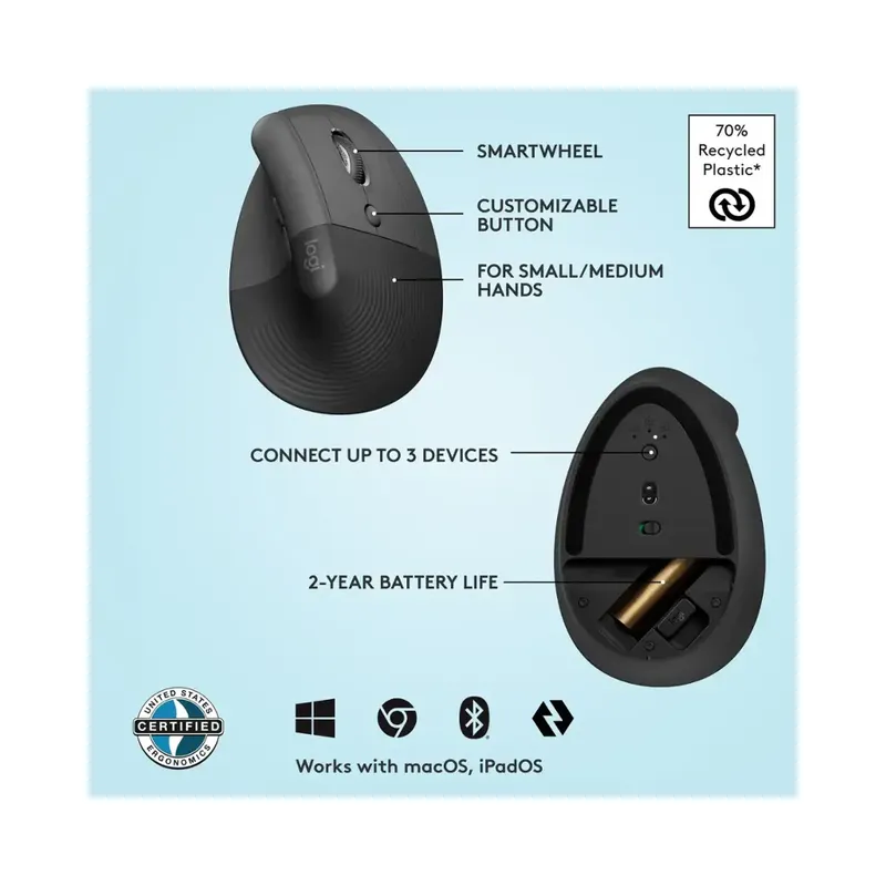 Logitech - Lift Vertical Wireless Optical Ergonomic Mouse with 4 Customizable Buttons - Wireless - Graphite - (Brand New) -.