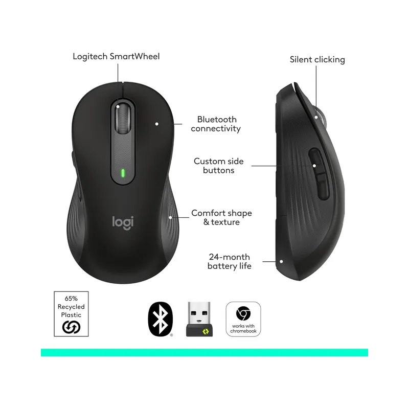 Logitech Signature M650 L Full Size Wireless Mouse, Black - Brand New - view 6
