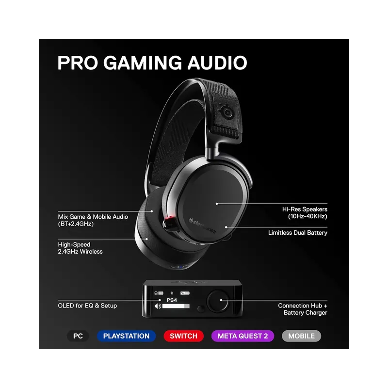 SteelSeries Arctis Pro Wireless Gaming Headset - Non-Stop Dual Battery - AI Noise Canceling Mic - PC, PS5, PS4, Mobile,.