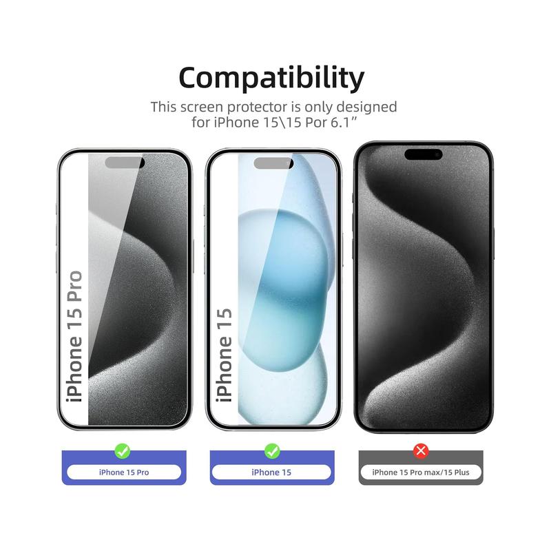 NEW'C Tempered Glass Screen Protector for iPhone 15, iPhone 15 Pro, iPhone 16 (6.1 Inches) - Scratch-Resistant,.
