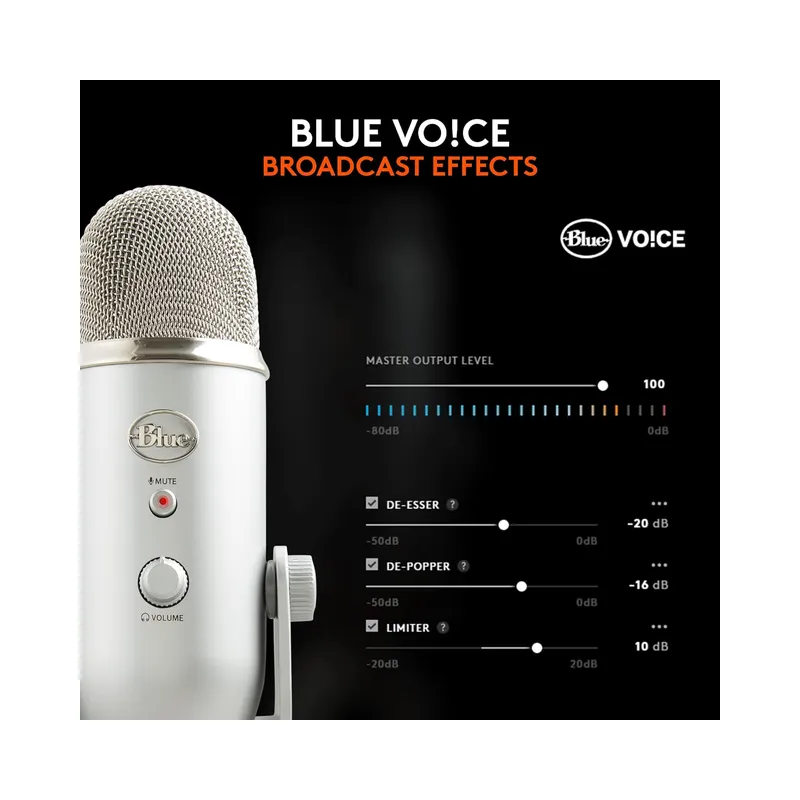Logitech Blue Yeti Silver USB Mic for Recording, Streaming & Gaming on PC and Mac with Blue Voce Effects 4 Pickup Patterns.