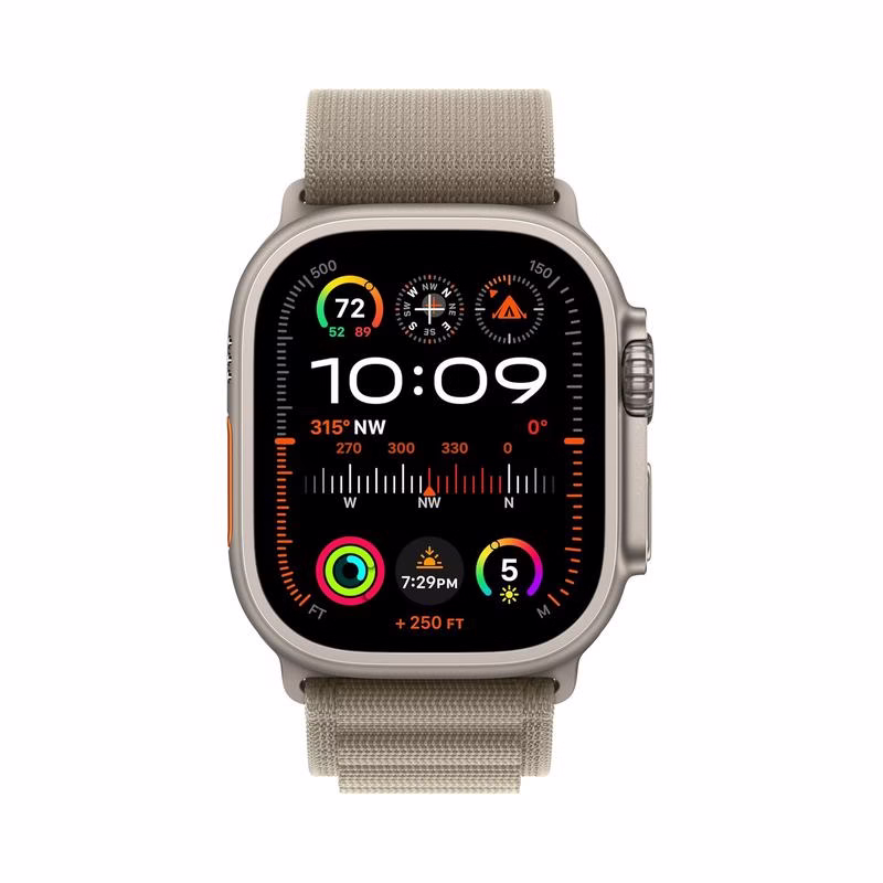 Apple Watch Ultra [GPS + Cellular 49mm] Natural Titanium Case, Green Alpine Loop Smartwatch (Open Box) - view 2