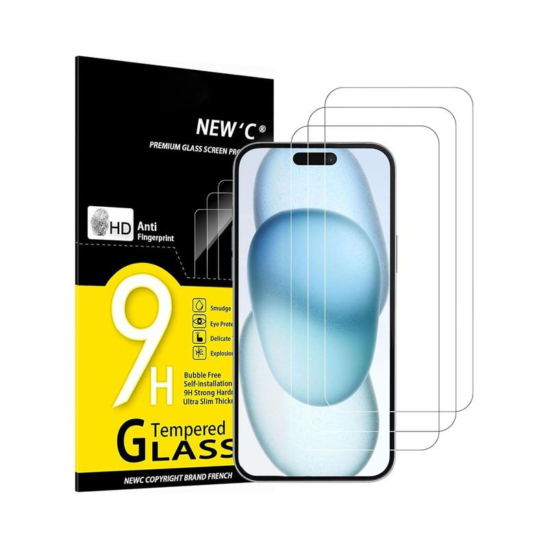 NEW'C Tempered Glass Screen Protector for iPhone 15, iPhone 15 Pro, iPhone 16 (6.1 Inches) - Scratch-Resistant,.