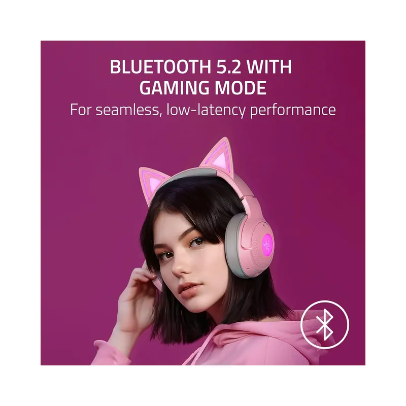 Razer Kraken Kitty V2 BT Wireless RGB Headset: Chroma RGB Kitty Ears & Earcups - Lightweight - 40 Hr Battery w/Type C.