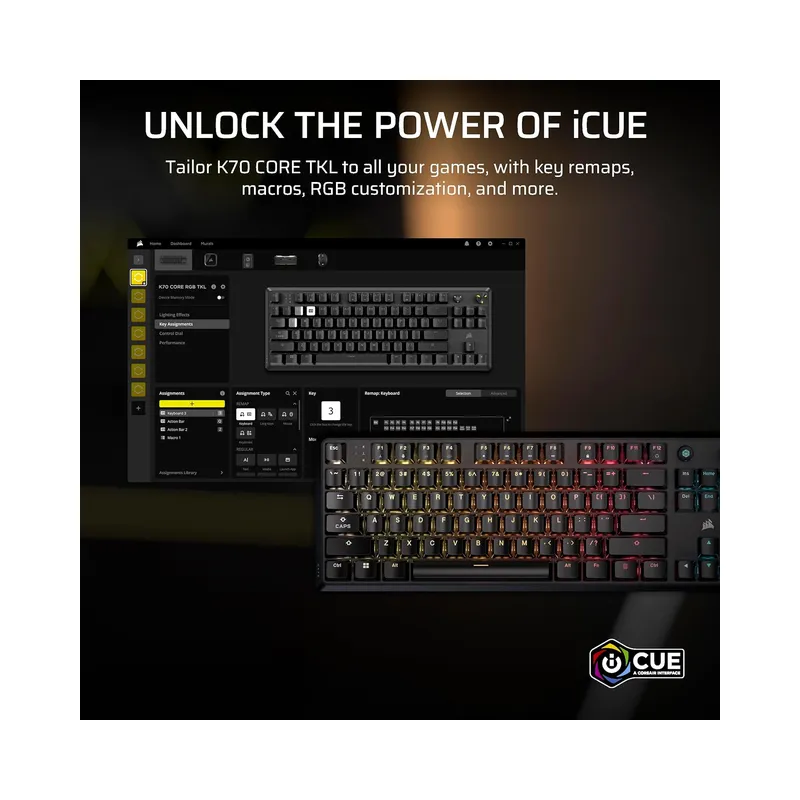 CORSAIR K70 CORE TKL RGB Tenkeyless Mechanical Wired Gaming Keyboard – Pre-Lubed MLX Red v2 Linear Switches, SOCD, ABS.