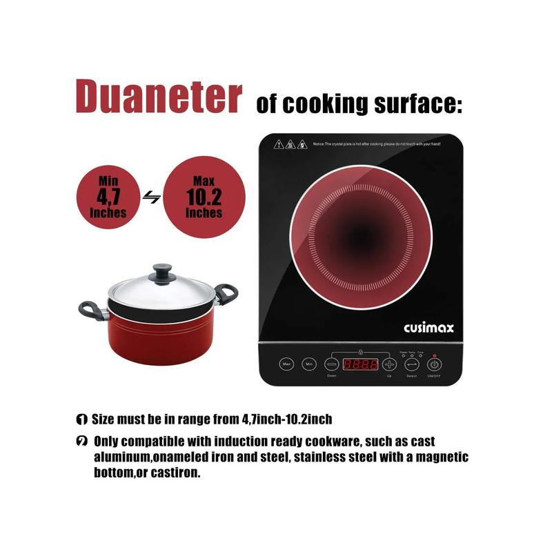 Cusimax Induction Cooktop, 1800W Stainless Steel Portable Induction Burner with Timer (CMIC-180B1) - Brand New - view 4