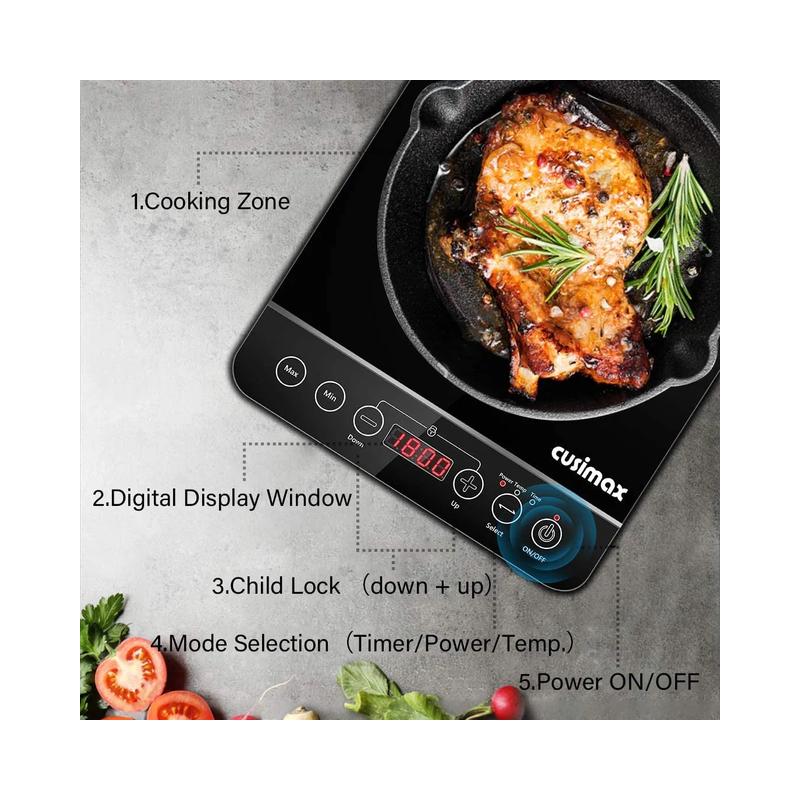 Cusimax Induction Cooktop, 1800W Stainless Steel Portable Induction Burner with Timer (CMIC-180B1) - Brand New - view 5