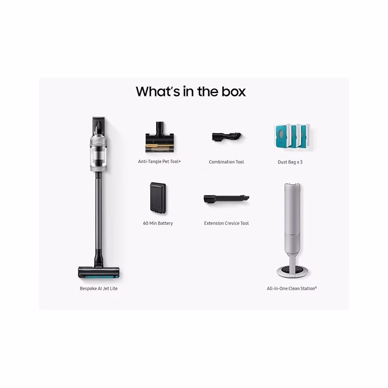 Samsung Bespoke AI Jet Lite Cordless Stick Vacuum – 280AW, All-in-One Clean Station, Pebble Gray | Brand New - view 3