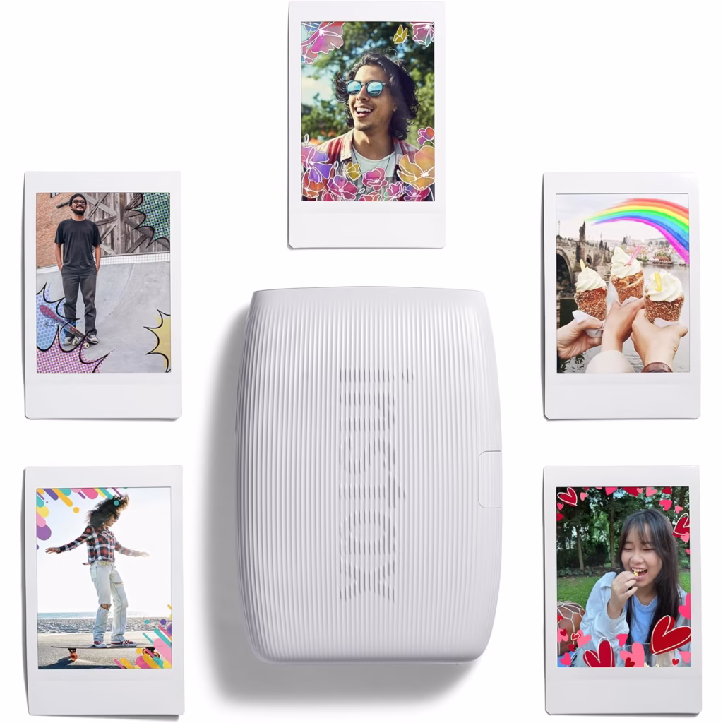Fujifilm instax mini Link 3 Clay White printer with five decorative frame-print instax photos