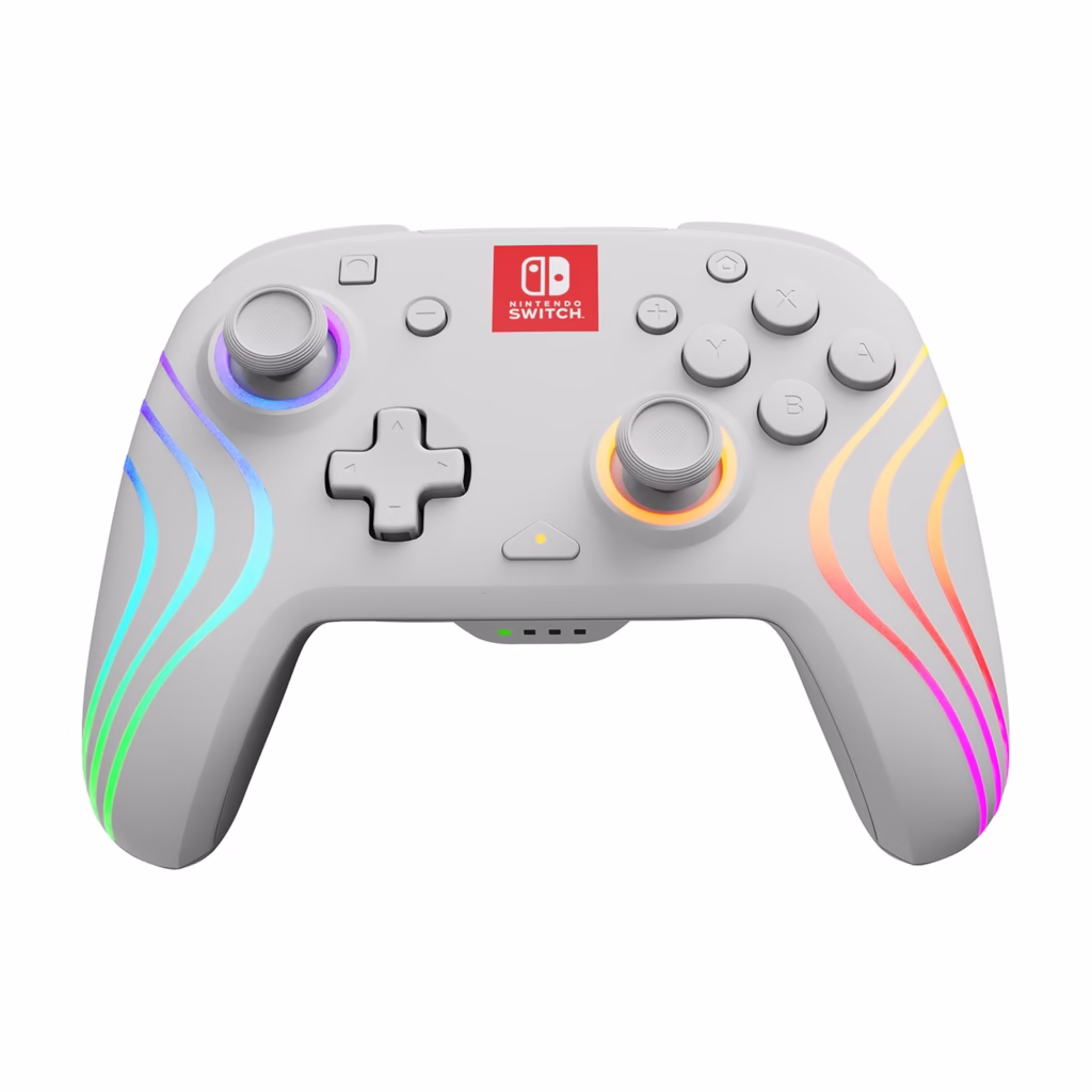 PDP Afterglow Wave Wireless Motion Plus Controller White, front view with RGB wave lighting