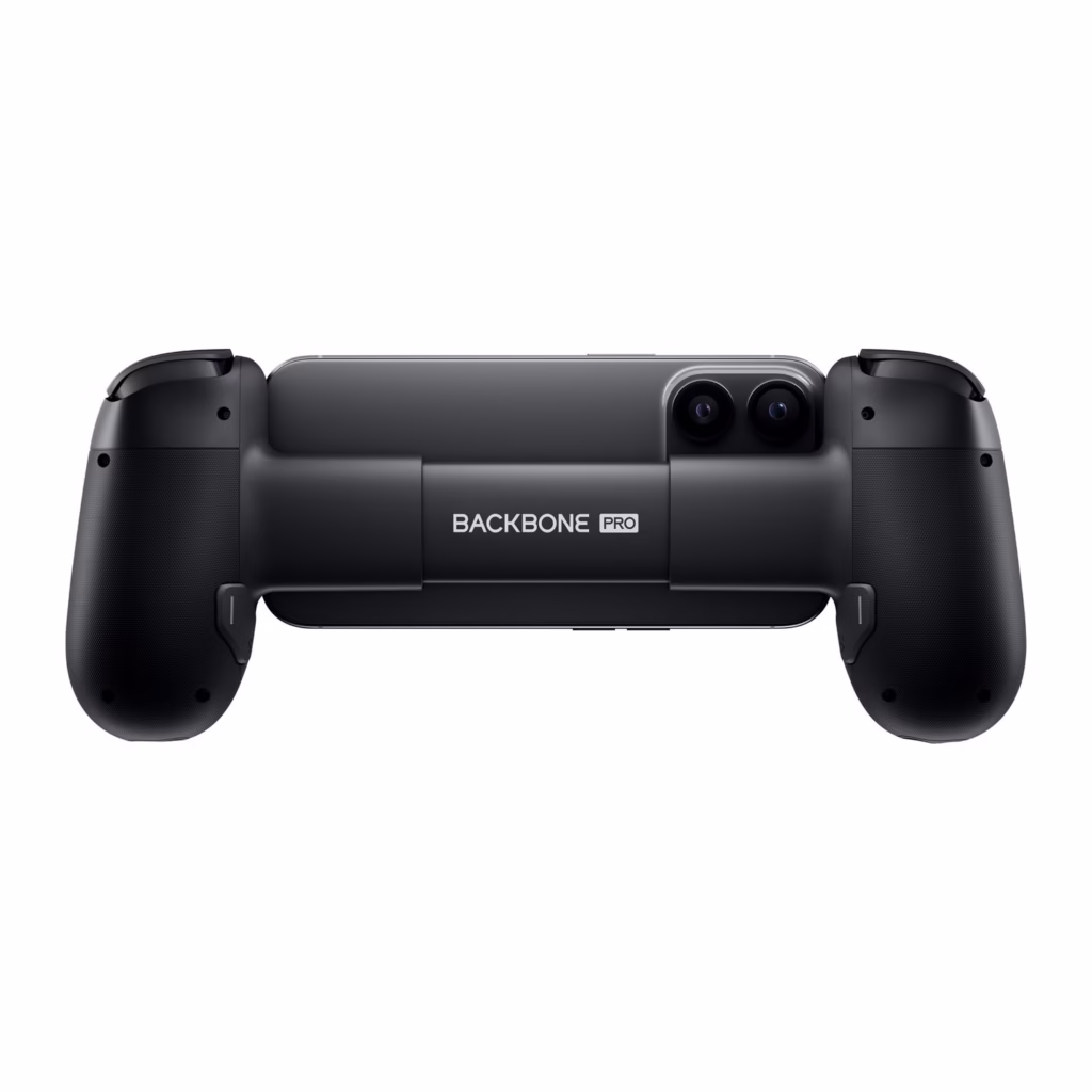 Backbone Pro back view holding iPhone with magnetic adapter and BACKBONE PRO branding