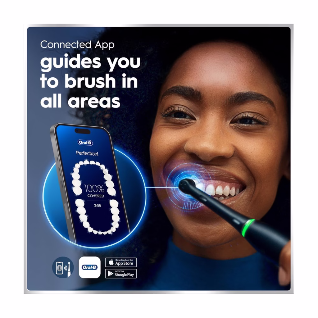 Oral-B iO7 Adaptive Clean banner with gum pressure sensor, cleaning coaching app, long-lasting battery and interactive display callouts