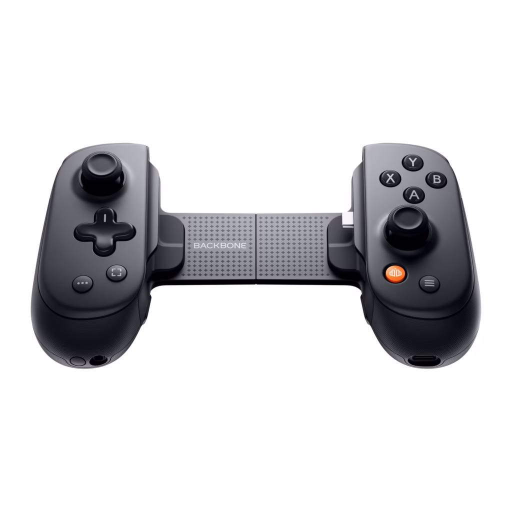 Backbone Pro Black mobile gaming controller front view with full-sized joysticks and clicky D-pad
