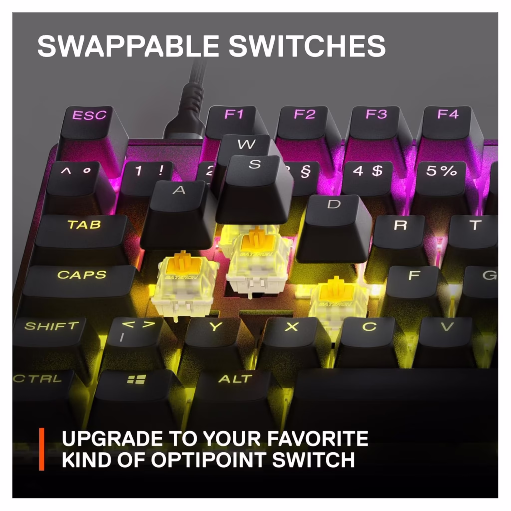 SteelSeries Apex 9 TKL hotswap switches showing removed OptiPoint stems on Y, A and B keys
