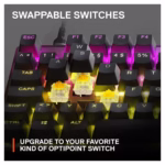 SteelSeries Apex 9 TKL hotswap switches showing removed OptiPoint stems on Y, A and B keys