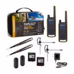 Motorola T470 2-pack package contents: 2 radios, charger, batteries, belt clips, cable