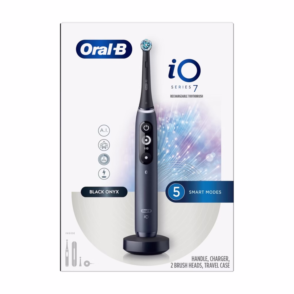 Oral-B iO Series 7 Electric Toothbrush Black Onyx retail box with handle, 2 brush heads, travel case and charger contents