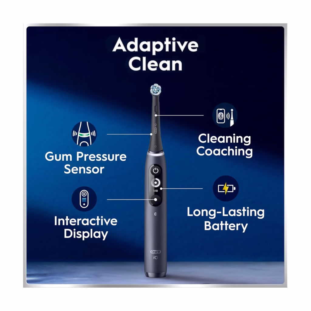 Oral-B iO7 Black Onyx interactive display showing battery percentage, daily clean mode, 2-minute timer and brush head replacement countdown