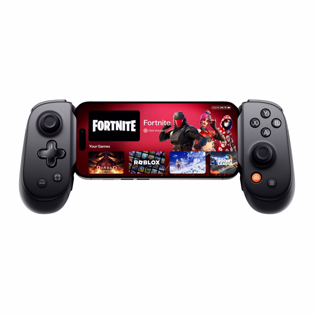 Backbone Pro controller with iPhone showing Fortnite, Roblox, Diablo, Genshin and Rocket League
