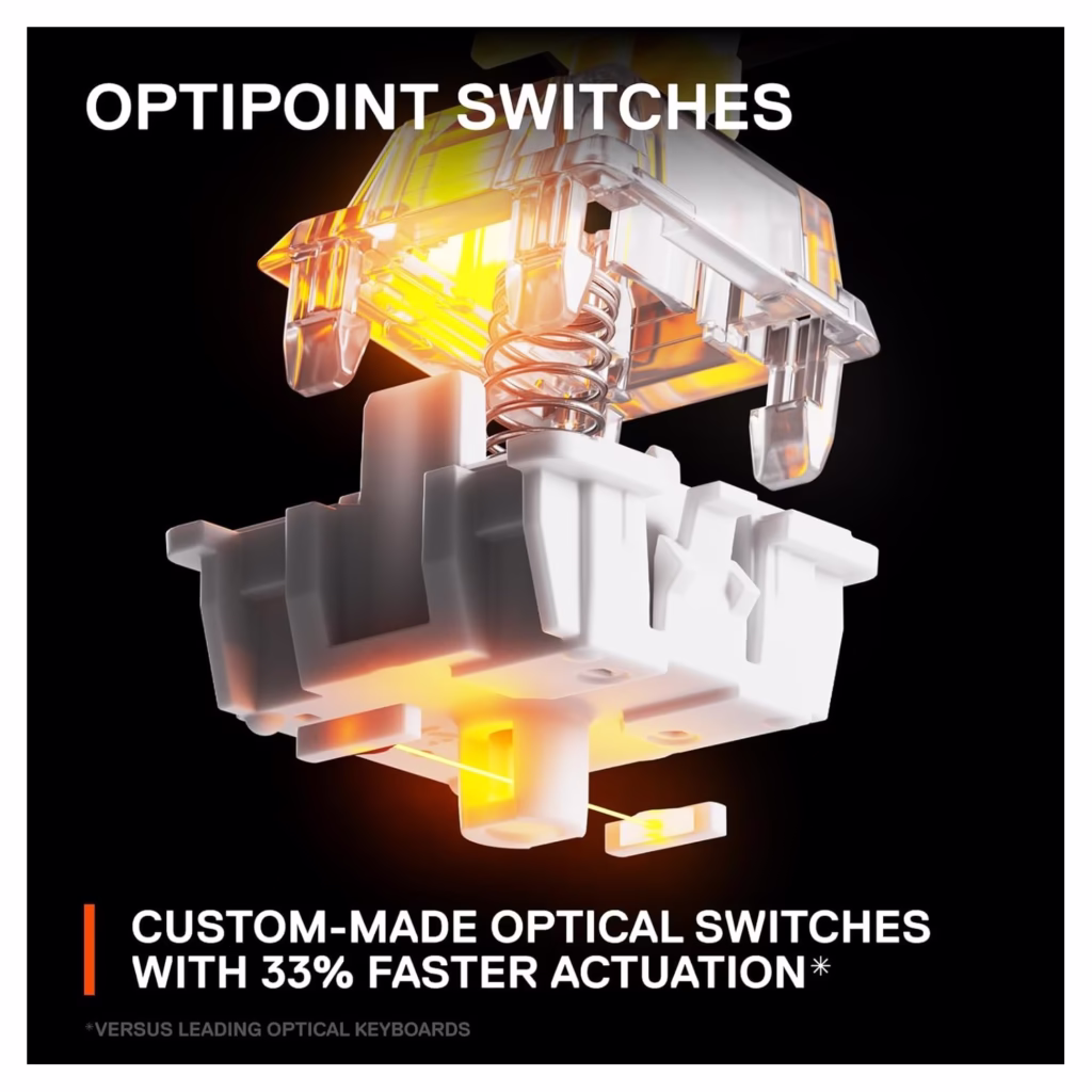 SteelSeries Apex 9 TKL OptiPoint custom optical switch exploded view, light-based actuation