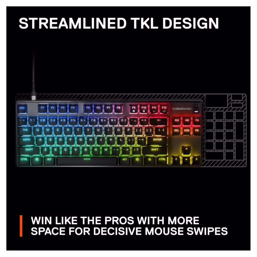 SteelSeries Apex 9 TKL streamlined tenkeyless layout for more mouse swipe space in FPS gaming