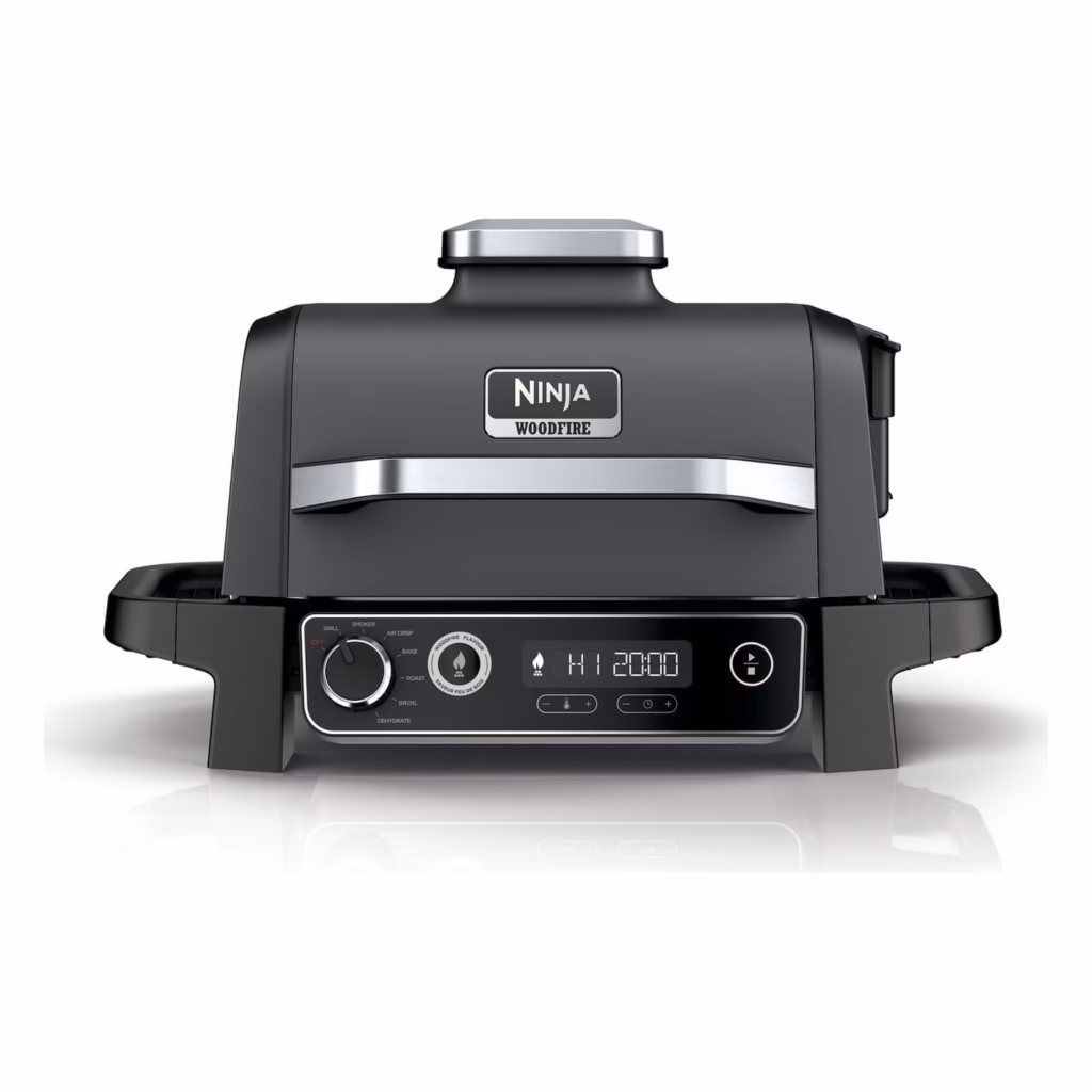 Ninja Woodfire Outdoor Grill OG701C angled view, 7-in-1 master grill and BBQ smoker