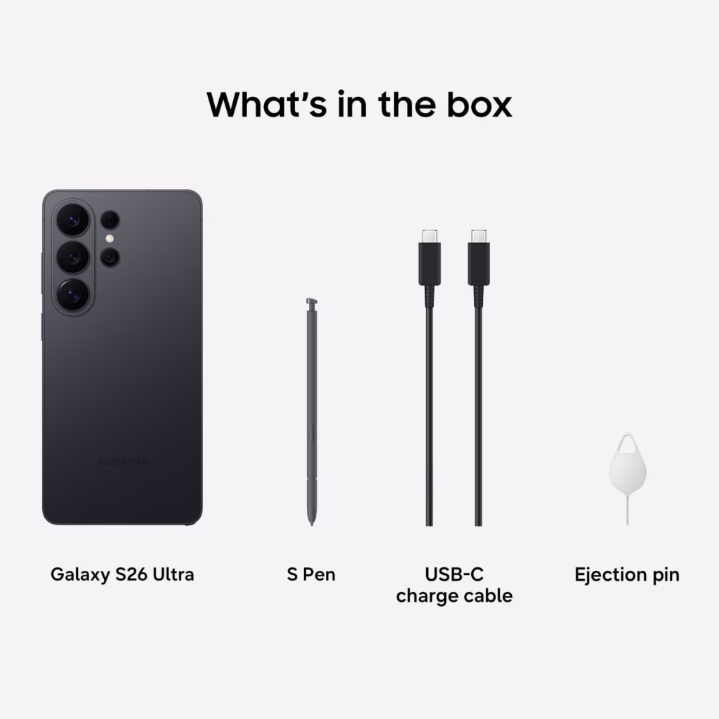 Samsung Galaxy S26 Ultra what's in the box: phone, S Pen, USB-C cable and ejection pin