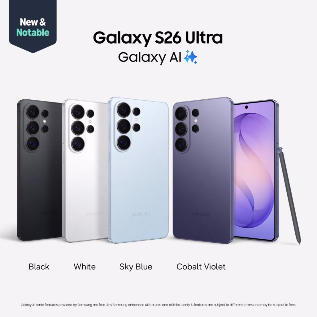 Samsung Galaxy S26 Ultra color lineup in Black, White, Sky Blue and Cobalt Violet