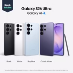 Samsung Galaxy S26 Ultra color lineup in Black, White, Sky Blue and Cobalt Violet