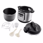 Insignia Pressure Cooker 8 QT NS-MC80SS9 with inner pot, lid, steam rack, measuring cup and serving spoons