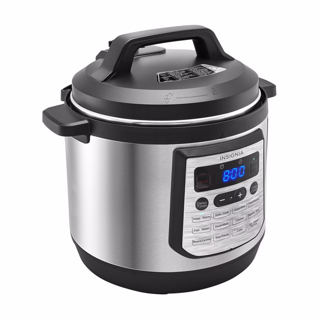 Insignia Pressure Cooker 8 QT Multi-Function NS-MC80SS9 stainless steel front three-quarter view