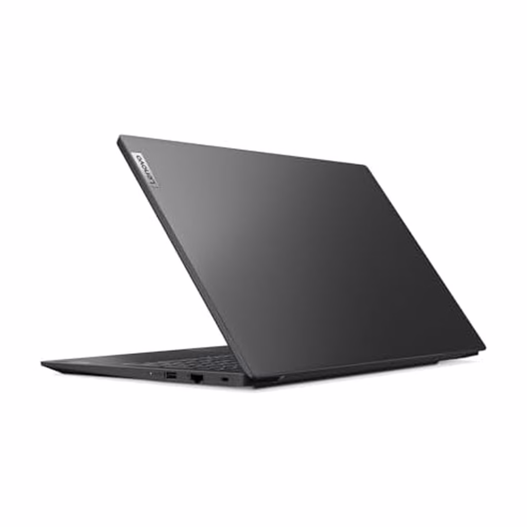 Lenovo V15 G5 rear three-quarter view showing Business Black lid, Lenovo logo and rear ports