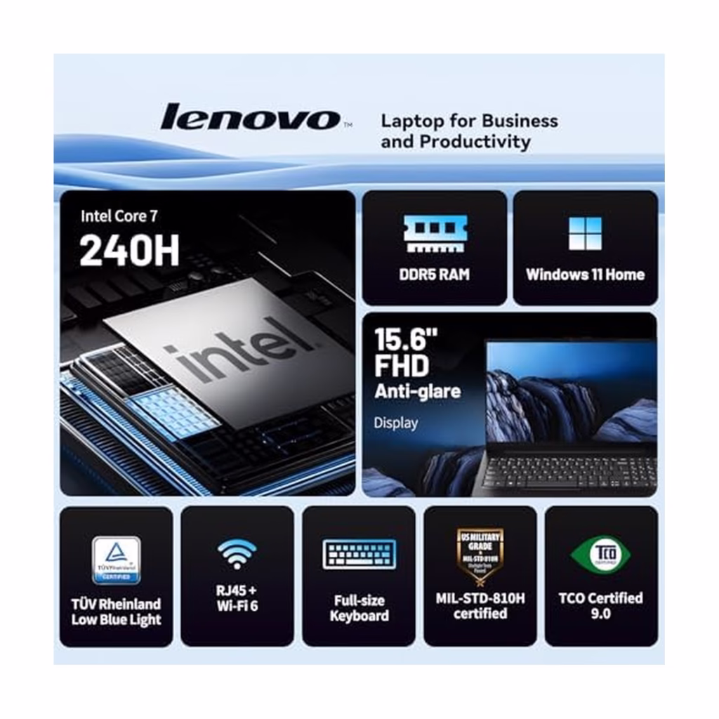 Lenovo V15 G5 specification overview: Intel Core 7 240H, DDR5 RAM, Windows 11 Home, 15.6-inch FHD anti-glare display, Wi-Fi 6