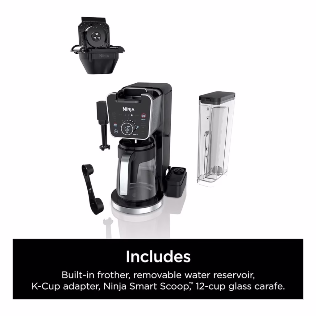 Ninja DualBrew Pro CFP301C included accessories: frother, water reservoir, K-Cup adapter, Smart Scoop and 12-cup glass carafe
