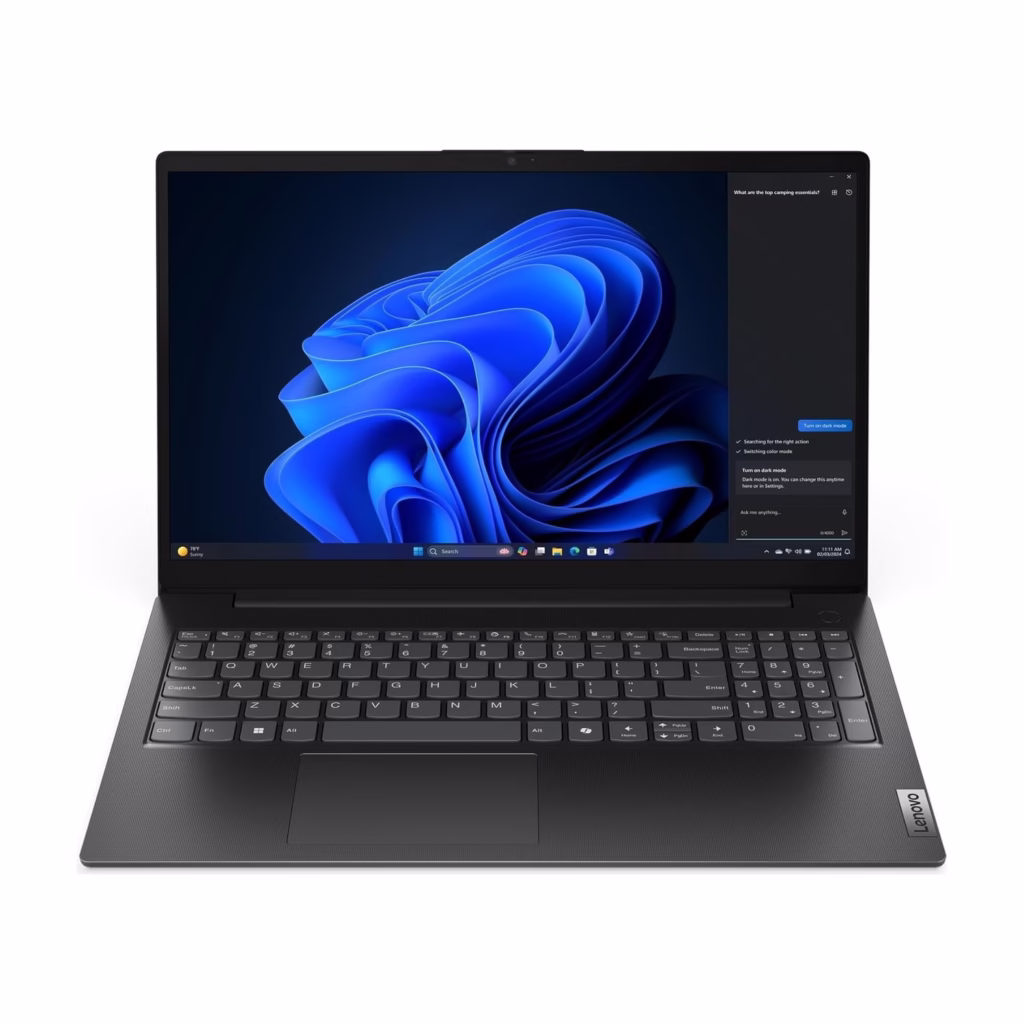 Lenovo V15 G5 15.6-inch FHD business laptop in Business Black, open front view with full-size keyboard and numeric keypad