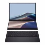 ASUS Zenbook DUO 14 dual 14-inch OLED touchscreen laptop open with detachable backlit keyboard