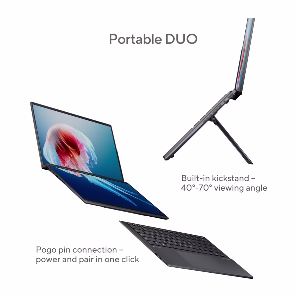 Zenbook DUO 14 with built-in kickstand for 40 to 70 degree viewing and Bluetooth keyboard with pogo-pin pairing