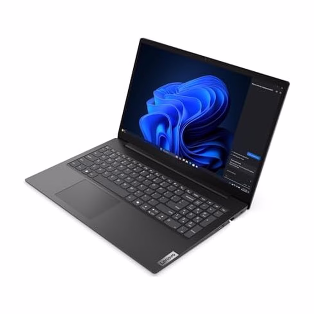 Lenovo V15 G5 three-quarter left view showing 15.6-inch anti-glare FHD display and keyboard deck