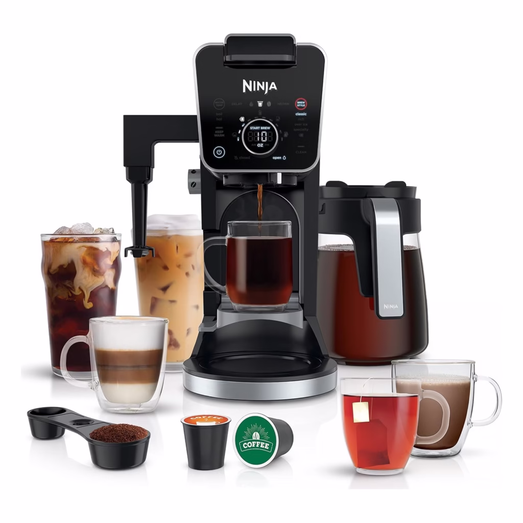 Ninja DualBrew Pro CFP301C coffee system with fold-away frother extended and 12-cup glass carafe