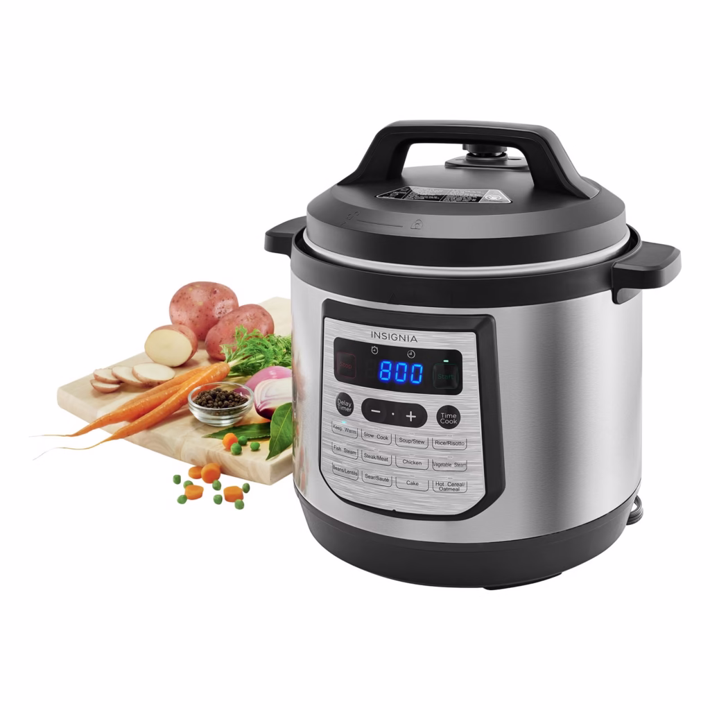 Insignia Pressure Cooker 8 QT with fresh vegetables and 8:00 digital display
