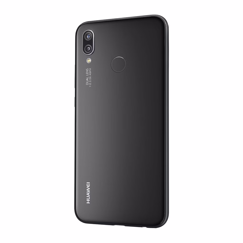 Huawei P20 Lite Black angled three-quarter rear view showing glossy back and side profile