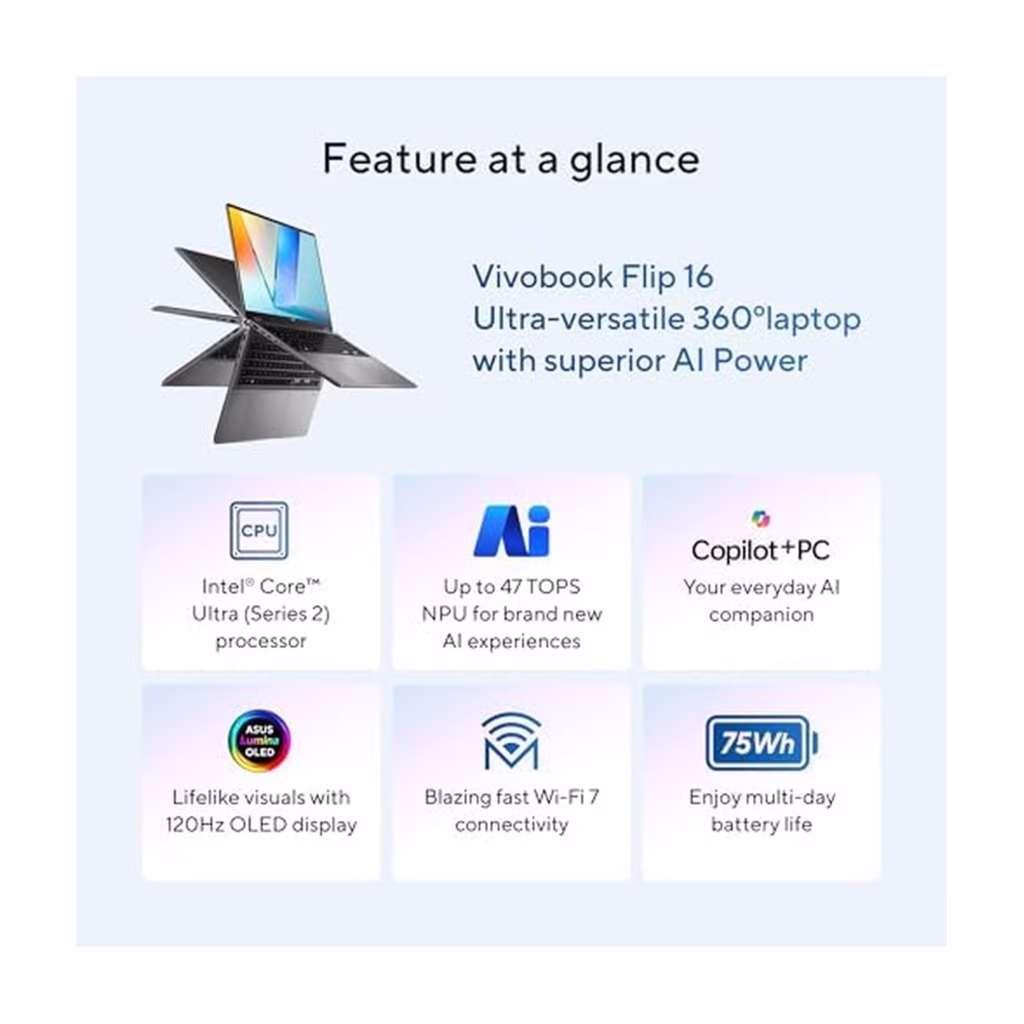 Vivobook 16 Flip feature overview: Copilot+ PC, 120Hz OLED display, Wi-Fi 7 and 75Wh battery
