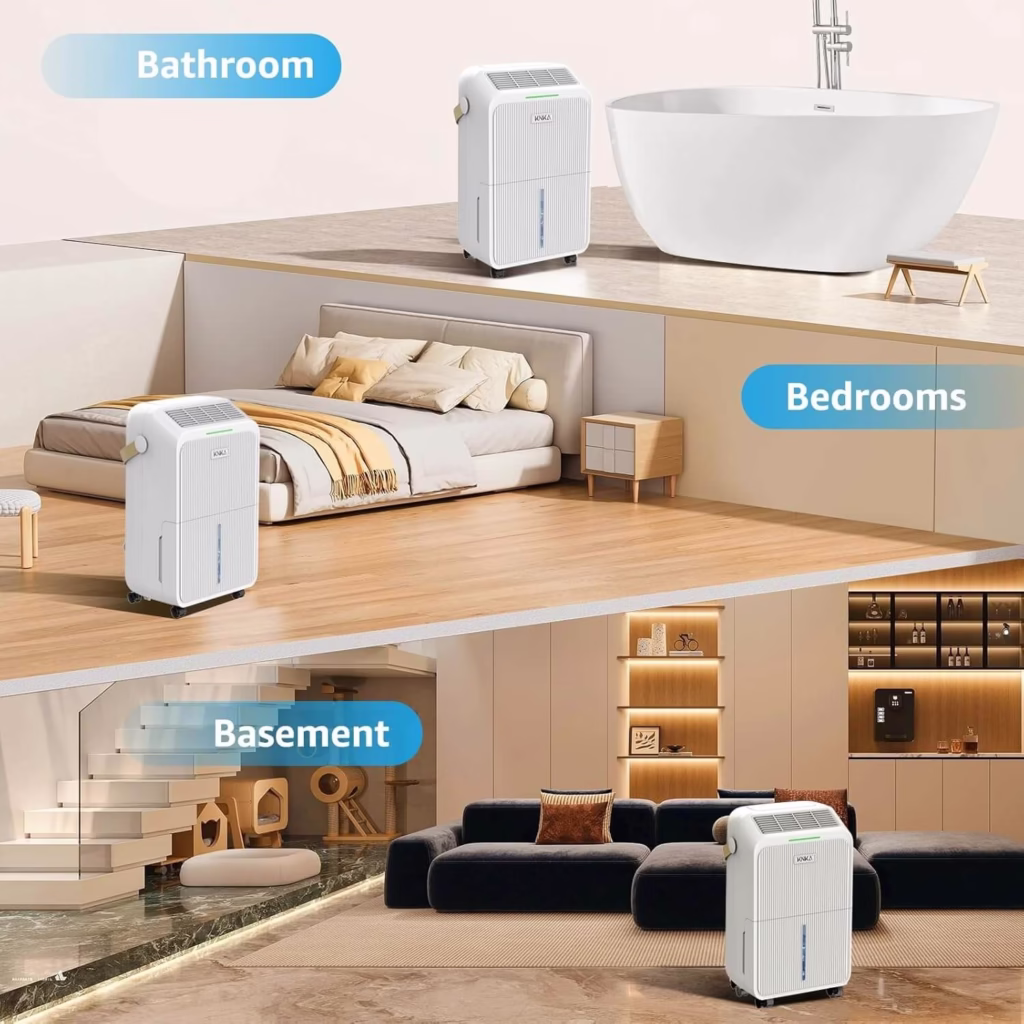 KNKA 34 Pint Dehumidifier placed in a bathroom, bedroom and basement