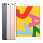 Apple iPad 7th Gen 10.2-inch shown in the Silver finish alongside Space Gray and Gold