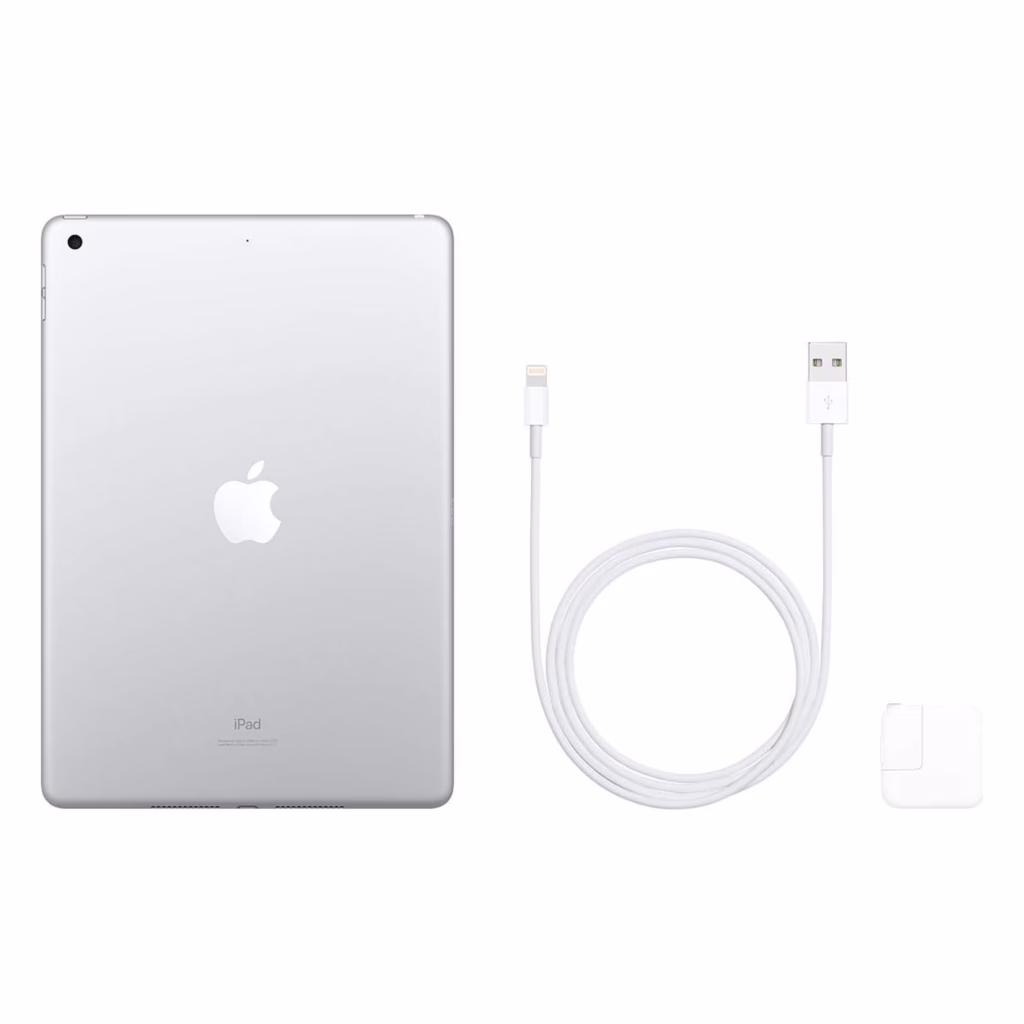Apple iPad 7th Gen Silver with the Lightning to USB cable and USB power adapter included in the box