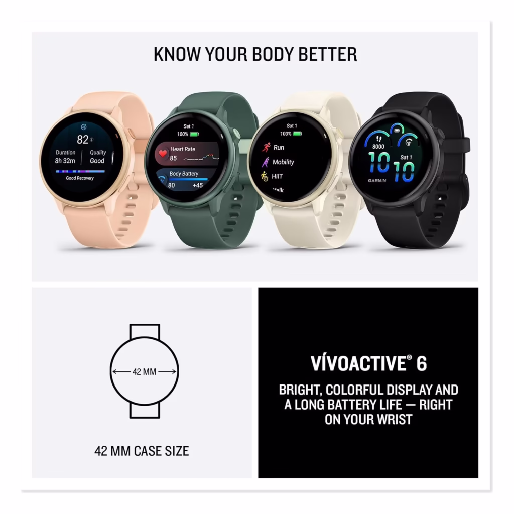 Garmin vivoactive 6 42mm case size shown beside the four available colour options