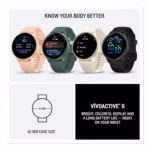 Garmin vivoactive 6 42mm case size shown beside the four available colour options