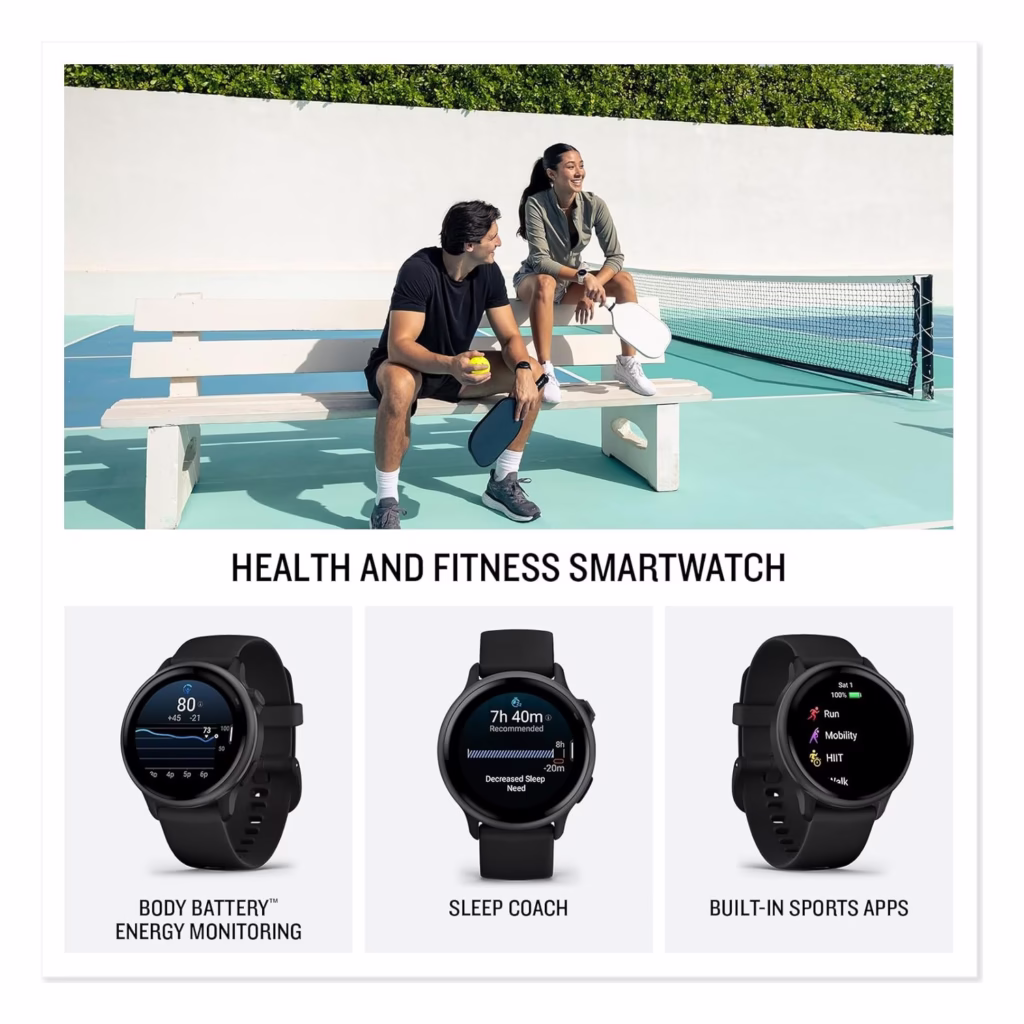 Garmin vivoactive 6 screens for Body Battery energy monitoring, Sleep Coach and built-in sports apps