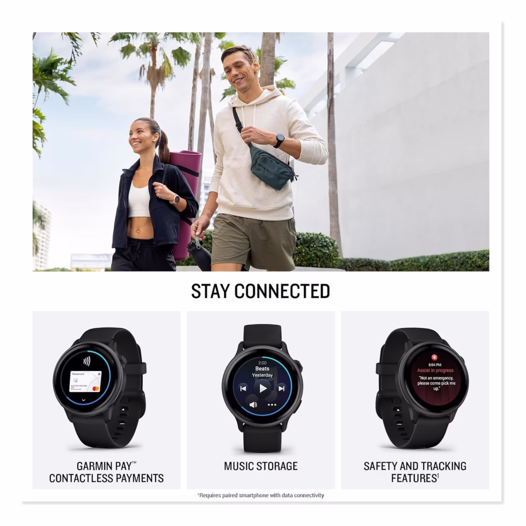 Garmin vivoactive 6 showing Garmin Pay contactless payments, music storage and safety tracking
